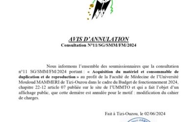 Avis d’annulation Consultation N°11/SG/SMM/FM/2024