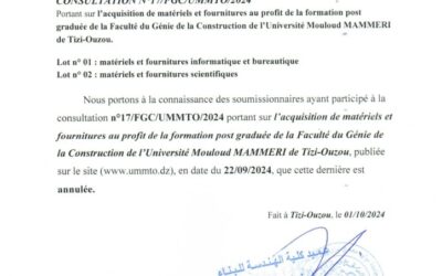Avis d’annulation consultation N°17/FGC/UMMTO/2024