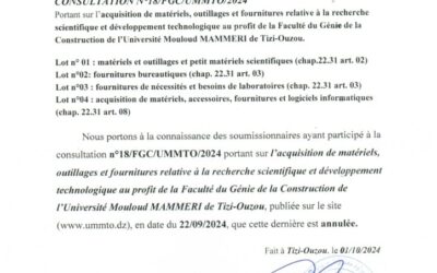 Avis d’annulation consultation N°18/FGC/UMMTO/2024