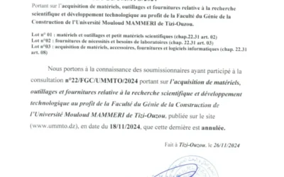 Avis d’annulation consultation N°22/FGC/UMMTO/2024