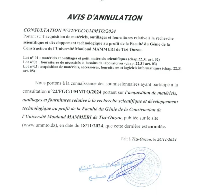 Avis d’annulation consultation N°22/FGC/UMMTO/2024