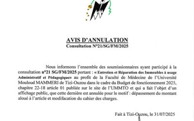 Avis d’annulation n°21/FM/UMMTO/2025