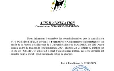 Avis d’annulation Consultation N°10/SG/SMM/FM/2024