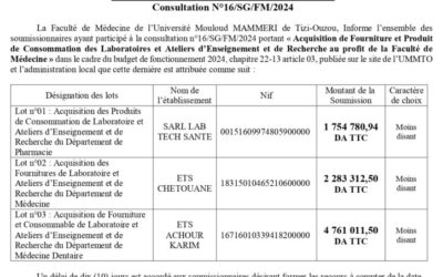 Avis d’attribution provisoire de la consultation N°16/SG/FM/UMMTO/2024