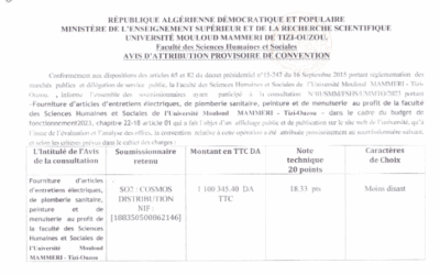Avis d’attribution consultation N°01/SMM/FSHS/UMMTO/2023