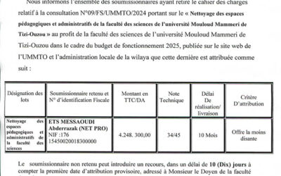 Avis d’attribution n°09/FS/UMMTO/2024