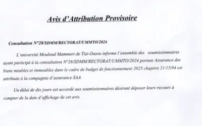 Avis d’attribution provisoire de la consultation N°28/SDMM/RECTORAT/UMMTO/2024