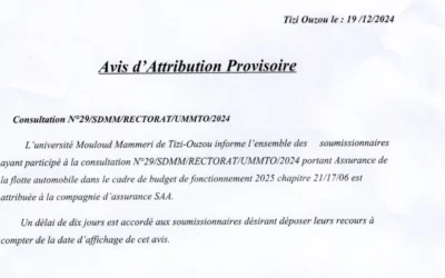 Avis d’attribution provisoire de la consultation N°29/SDMM/RECTORAT/UMMTO/2024