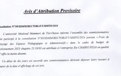 Avis d’attribution provisoire de la consultation N°30/SDMM/RECTORAT/UMMTO/2024