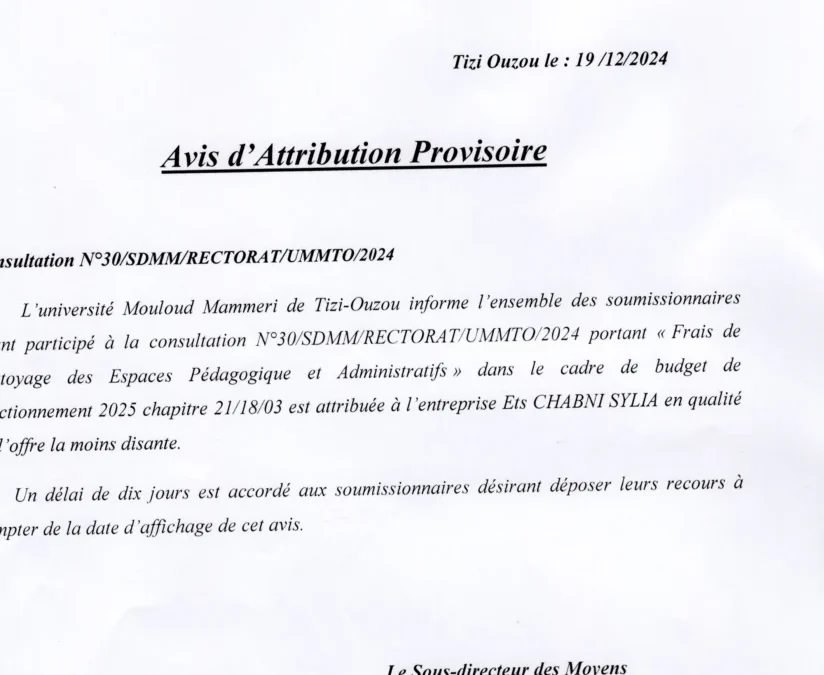 Avis d’attribution provisoire de la consultation N°30/SDMM/RECTORAT/UMMTO/2024