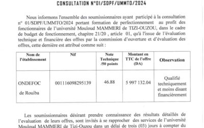 Avis d’attribution provisoire consultation N°01/SDPF/UMMTO/2024