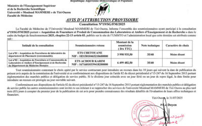 Avis d’attribution provisoire n°19/FM/UMMTO/2025