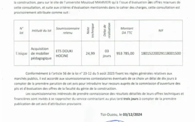 Avis d’attribution provisoire de la consultation N°21/FGC/UMMTO/2024