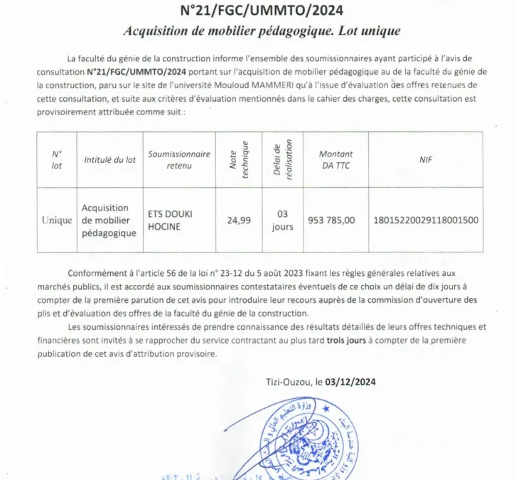 Avis d’attribution provisoire de la consultation N°21/FGC/UMMTO/2024