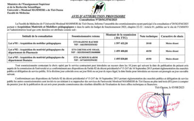 Avis d’attribution provisoire n°20/FM/UMMTO/2025