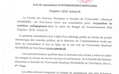 Avis de Consultation N°07/SMM/FSHS/UMMTO/2024