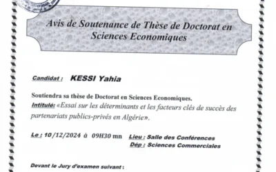 Avis de Soutenance de Thèse Doctorat en Sciences Economiques de Mr KESSI Yahia
