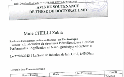 Avis de soutenance Mme CHELLI Zakia