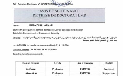 Avis de Soutenance de Thèse de Doctorat 3eme cycle LMD MEDKOUR Lazhar