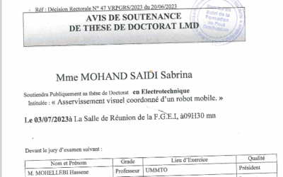 Avis de soutenance Mme. MOHAND SAIDI Sabrina