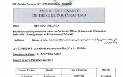 Avis de Soutenance de Thèse de Doctorat 3eme cycle LMD de Mme BEN ADDI Djedjiga