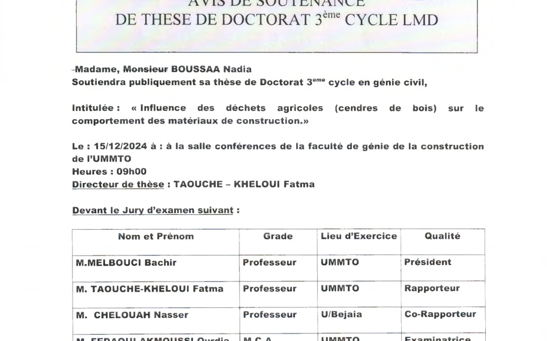 Avis de soutenance de thèses de doctorat 3ème cycle LMD de Mme BOUSSAA Nadia