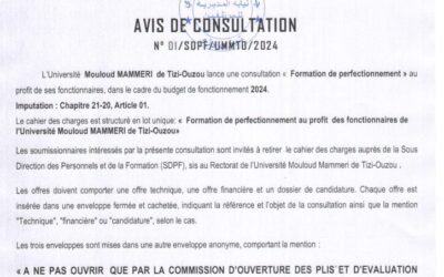 Avis de Consultation N 01/SDPF/UMMTO/2024