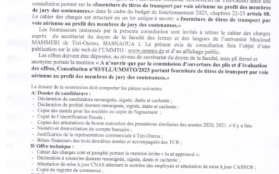 Avis de consultation N° 03/FLL/UMMTO/2025
