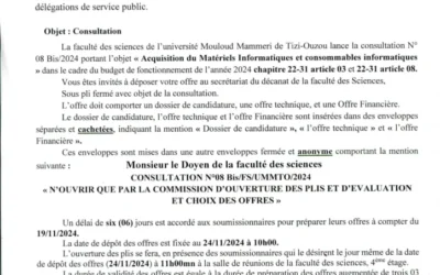 Avis de consultation N° 08/Bis/FS/UMMTO/2024