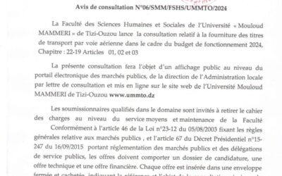 Avis de consultation N°6/SMM/FSHS/UMMTO/2024