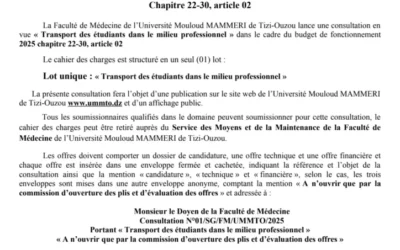 Avis de Consultation N°01/SG/FM/UMMTO/2025