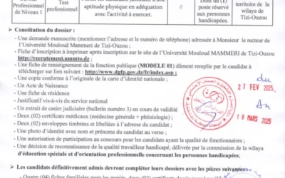 Avis de recrutement par voie de test professionnel dans le grade des ouvriers professionnels de niveau 1