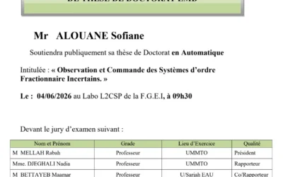 Avis de soutenance de thèse de doctorat LMD en Automatique de Monsieur ALOUANE Sofiane