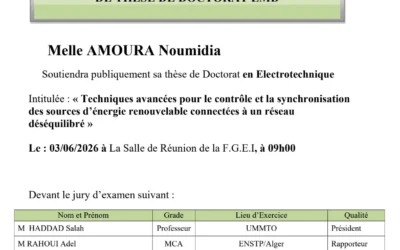 Avis de soutenance de thèse de doctorat LMD en Electrotechnique de Mlle AMOURA Noumidia