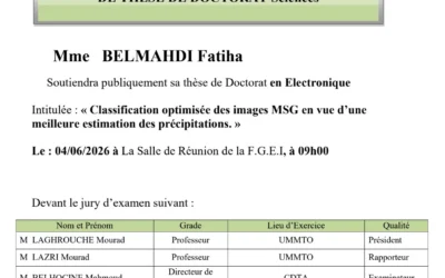 Avis de soutenance de thèse de doctorat en Electronique de Mme BELMAHDI Fatiha