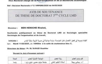 Avis de soutenance de Thèse de Doctorat LMD de Mr BEN HENICHE Khaled