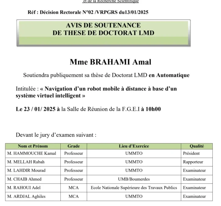 Avis de Soutenance de Thèse de Doctorat LMD de Mme BRAHAMI Amal