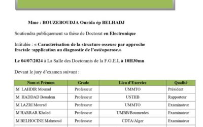 Avis de Soutenance de Thèse Doctorat en Sciences de Mme BOUZEBOUDJA Ourida ép BELHADJ