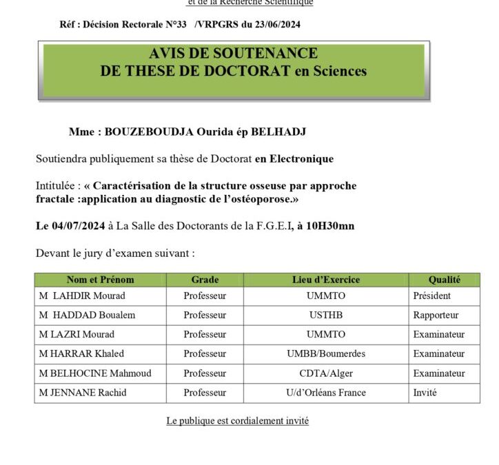 Avis de Soutenance de Thèse Doctorat en Sciences de Mme BOUZEBOUDJA Ourida ép BELHADJ