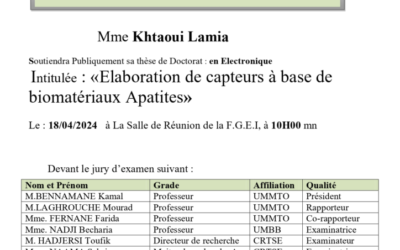 Avis de Soutenance de Thèse de Doctorat en Science de Mme KHTAOUI Lamia