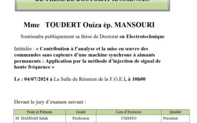 Avis de Soutenance de Thèse Doctorat en Sciences de Mme TOUDERT Ouiza ép. MANSOURI
