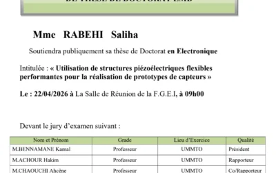 AVIS DE SOUTENANCE DE THESE DE DOCTORAT LMD en Electronique de Mme RABEHI Saliha