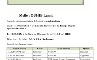 Avis de soutenance de Thèse de Doctorat en sciences de Madame OUHIB Lamia