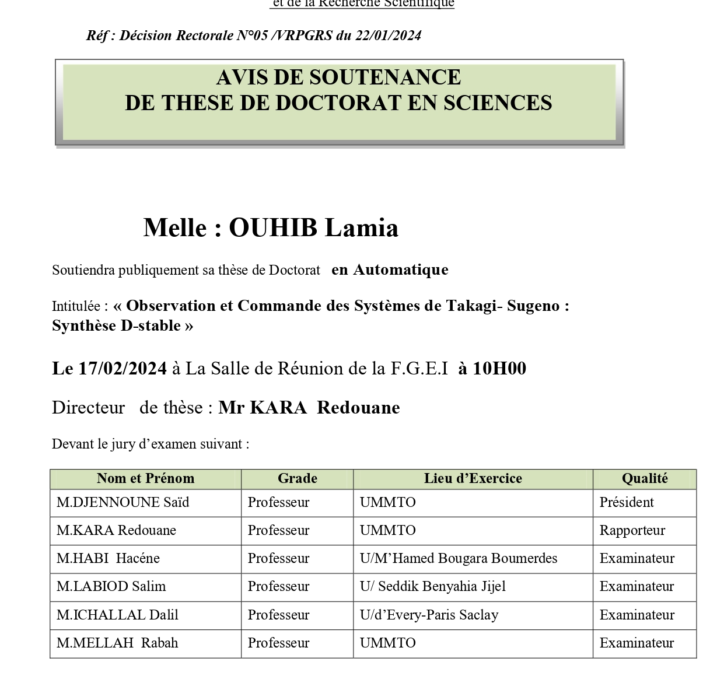 Avis de soutenance de Thèse de Doctorat en sciences de Madame OUHIB Lamia