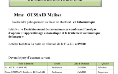 Avis de Soutenance de Thèse de Doctorat LMD de Mme OUSSAID Melissa