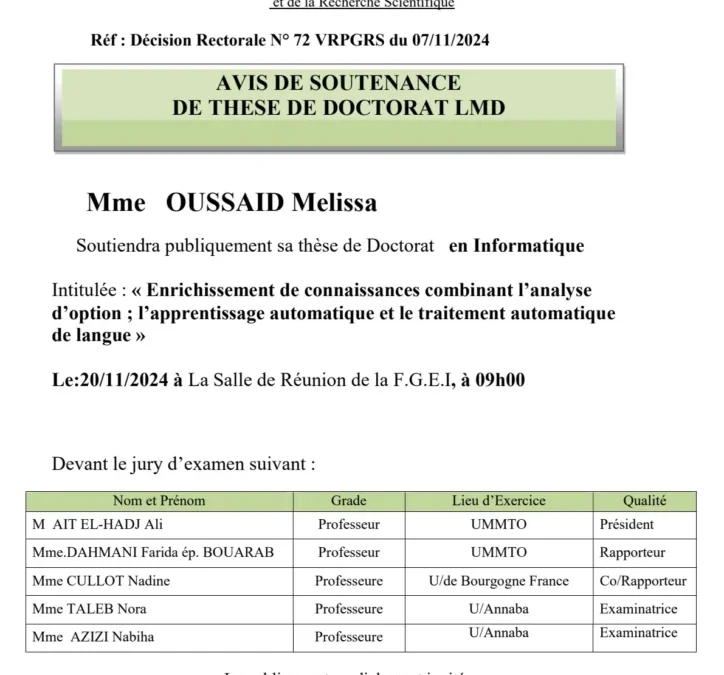 Avis de Soutenance de Thèse de Doctorat LMD de Mme OUSSAID Melissa