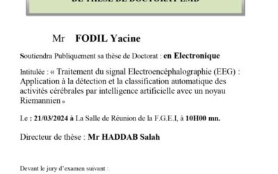 Avis de Soutenance de Thèse de Doctorat 3eme cycle LMD de Mr FODIL Yacine