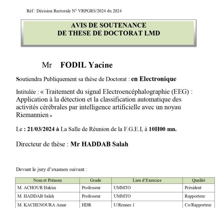 Avis de Soutenance de Thèse de Doctorat 3eme cycle LMD de Mr FODIL Yacine