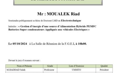 Avis de Soutenance de Thèse de Doctorat LMD de Mr MOUALEK Read