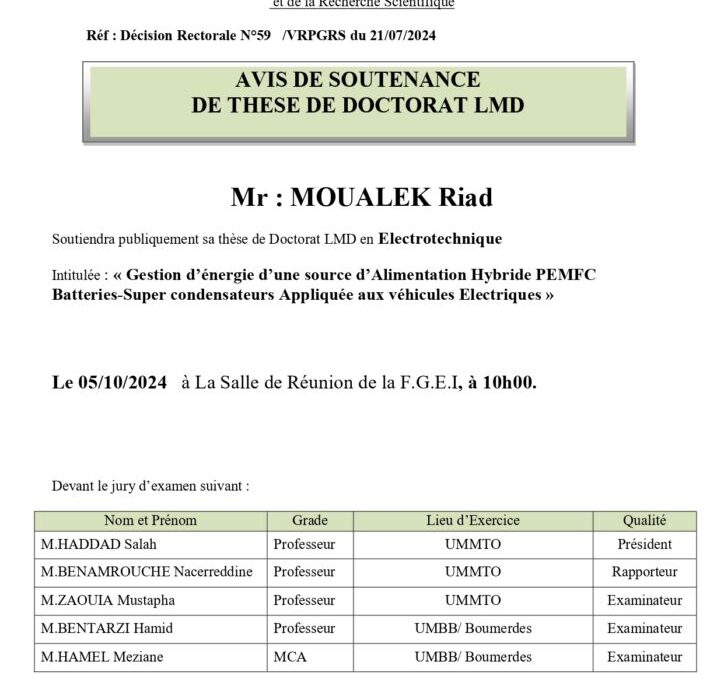 Avis de Soutenance de Thèse de Doctorat LMD de Mr MOUALEK Read